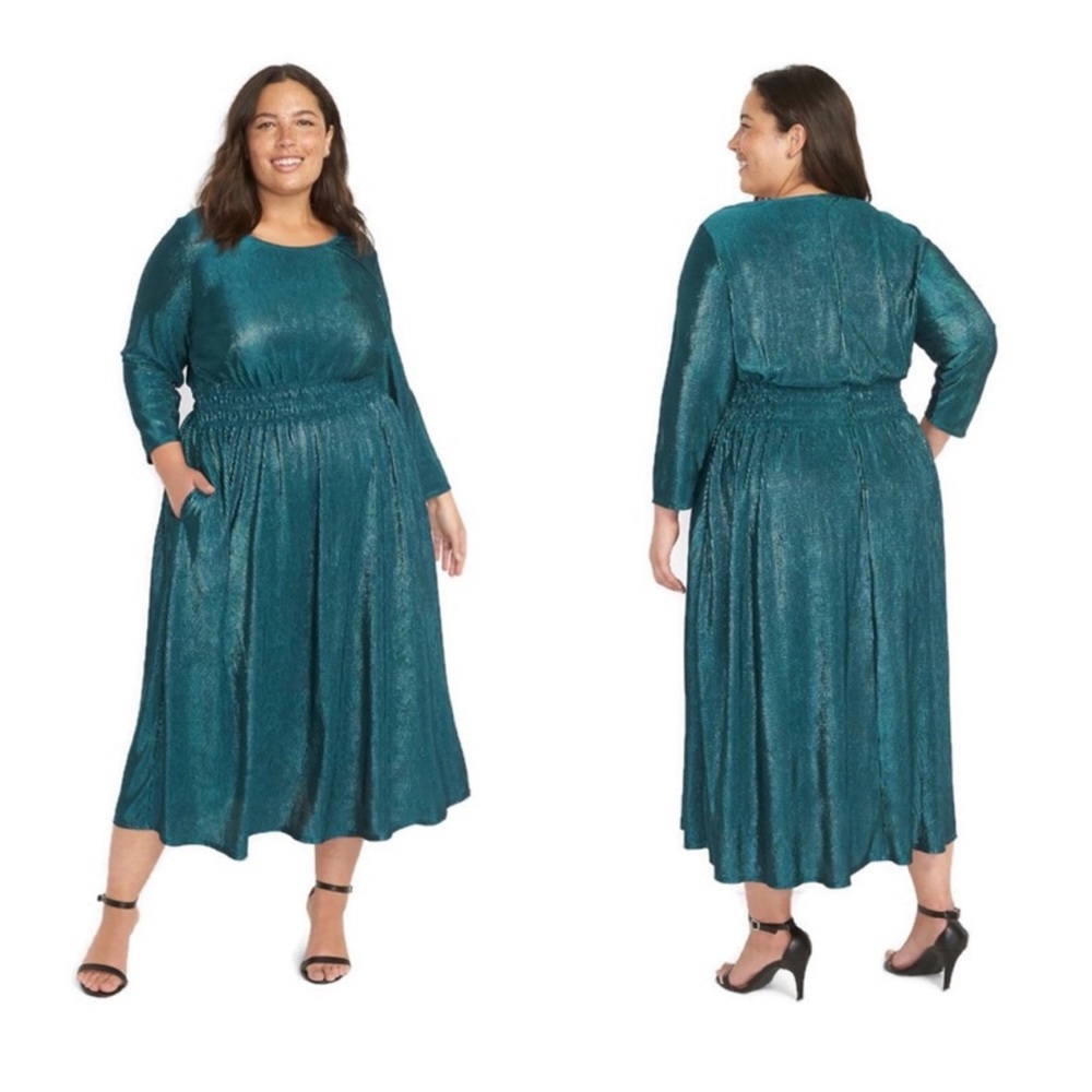 Lane Bryant Metallic Teal Blue and Silver Pleated Midi dress with pockets